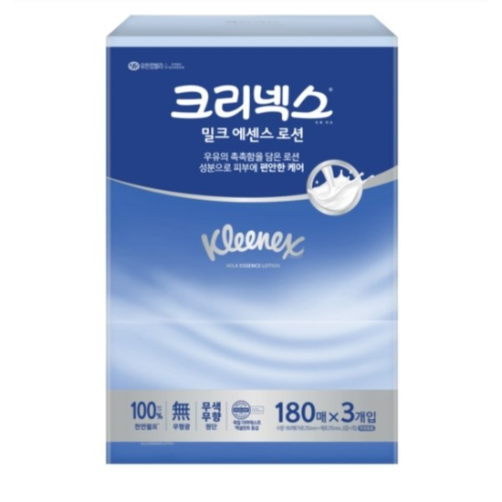 (신세계의정부점)유한킴벌리 크리넥스 밀크 에센스 로션티슈 180매*3개입(1개)