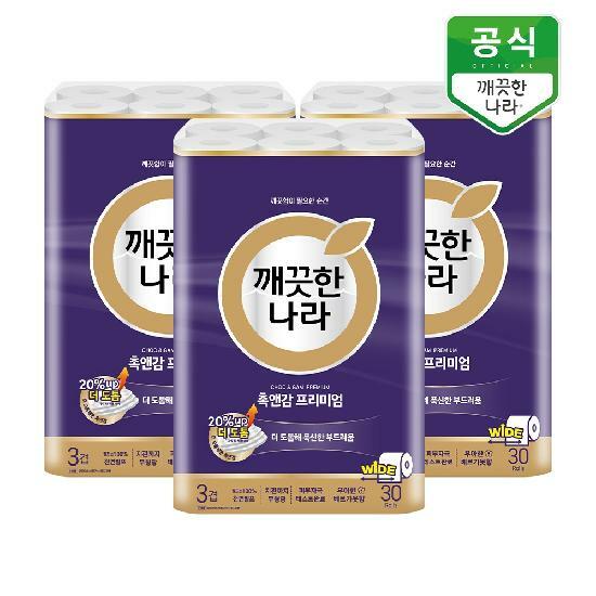 깨끗한나라 촉앤감 프리미엄 3겹화장지 30m 30롤 X 3팩