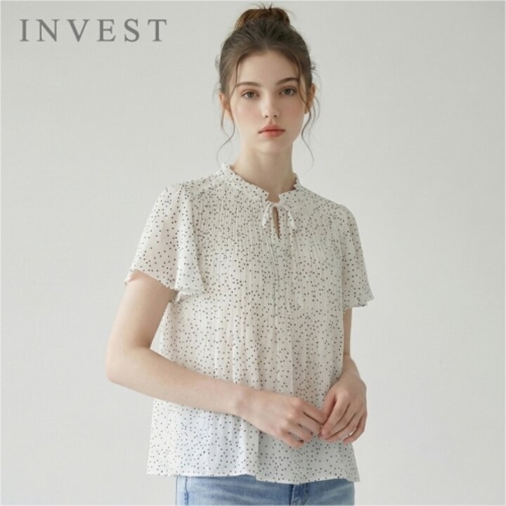 [인베스트] 도트 나염 리본 넥 쉬폰 블라우스_IN6M1BL5571
