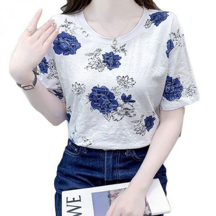 여름용 플라워 패턴 반팔 티셔츠 데일리 캐주얼웨어