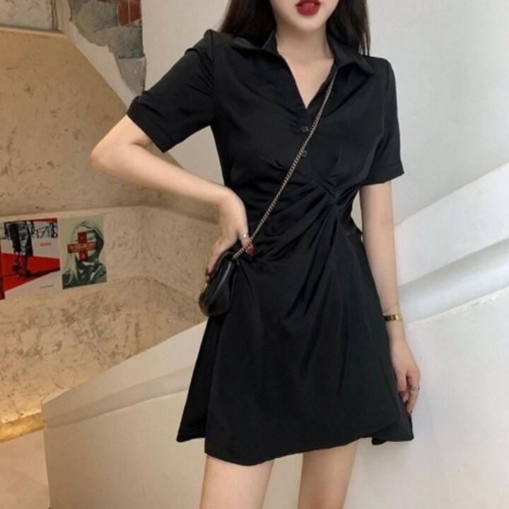 허리주름 여리핏 반팔카라 여성여름원피스 블랙원피스19870594667501
