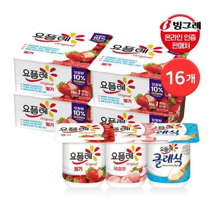 빙그레 요플레 85g 혼합 16입 (복숭아 8 + 딸기 4 + 클래식 4)