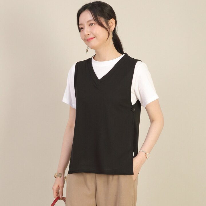 브이넥 옆단추 트임 봄 여름 초가을 숏 조끼 V09310