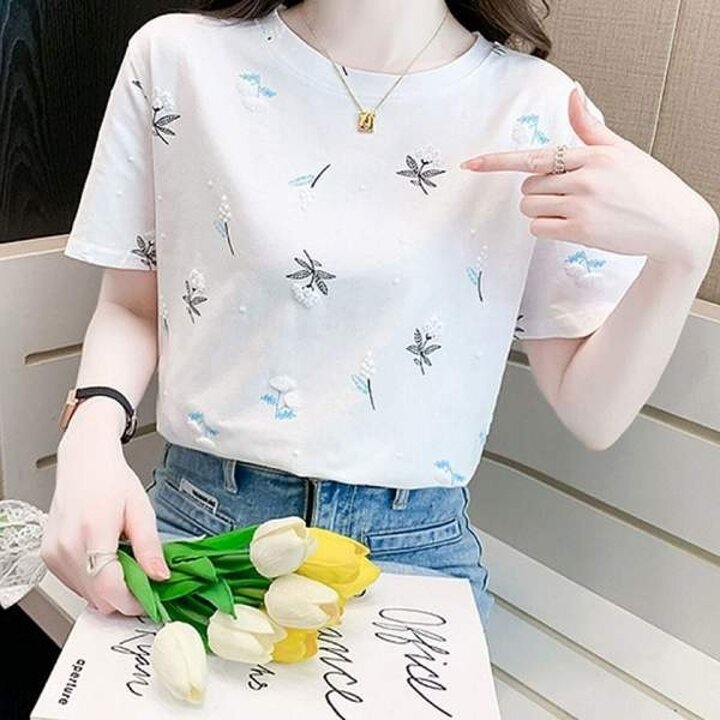 여성용 화이트 플라워 패턴 반팔 여름 티셔츠 데일리웨어