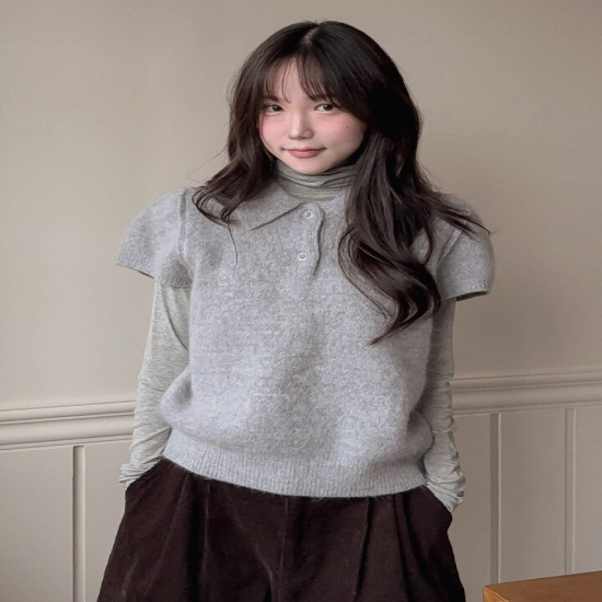 [엘루이즈] [앙고라/울] 코츠미 캡소매 폭닥 앙고라 카라 반팔 울니트(4color)