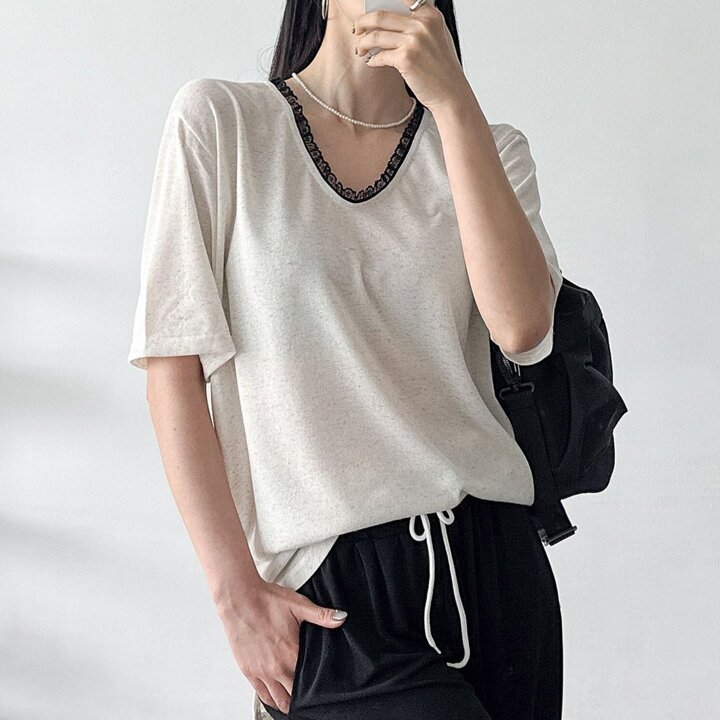 [옷자락] 여자 반팔린넨 배색 레이스 브이넥 언발루즈핏 티셔츠
