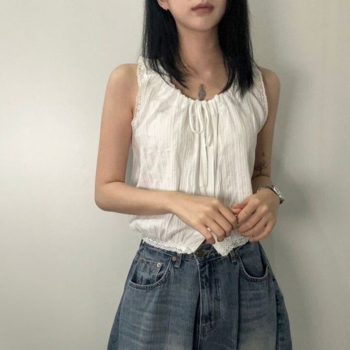여성 리본 스트링 펀칭 블라우스 티 레이스 민소매 나시 프릴 여름