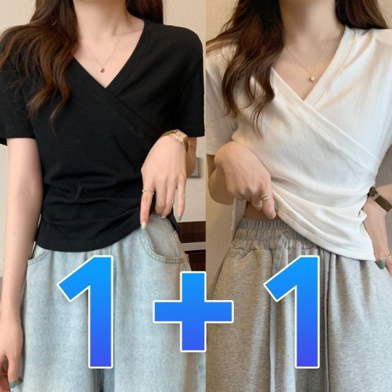 31589175-여성브이스타일넥반팔티셔링스판랩무지티셔츠