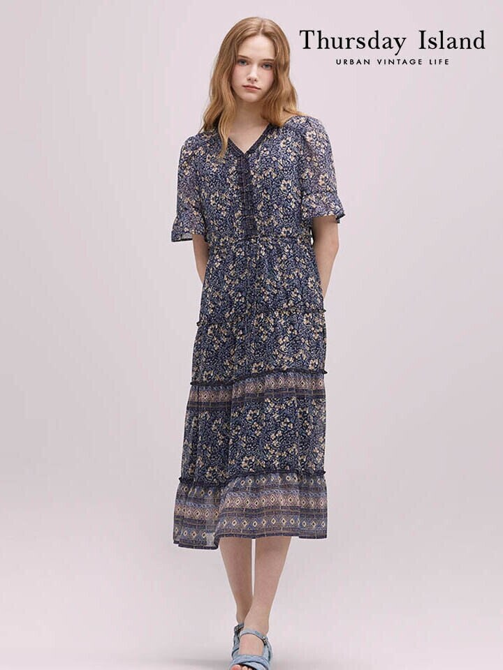 [Thursday Island] 플라워 보더 믹스 프릴 원피스(T244MOP238W)