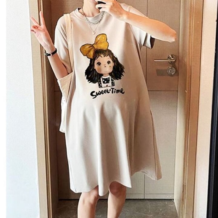 임부 임산부 산모 미디 반팔원피스 소녀 원피스