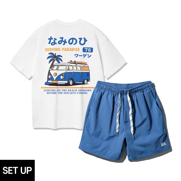 [SET] 앨빈클로 CAMPER VAN 반팔티셔츠 스트링 포인트 우븐 반바지 셋업