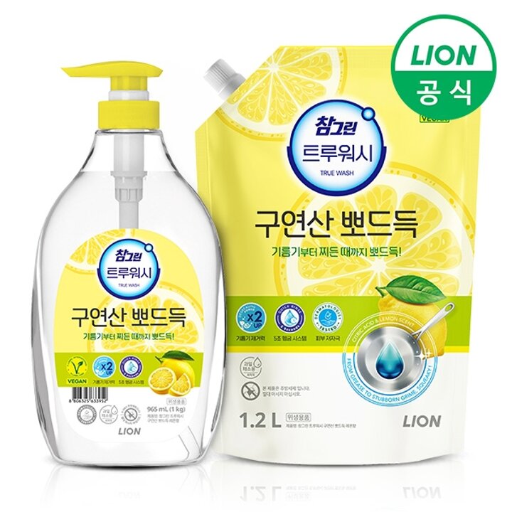 참그린 구연산 뽀드득 레몬향 주방세제 1kg 용기+1.2L 리필 1개