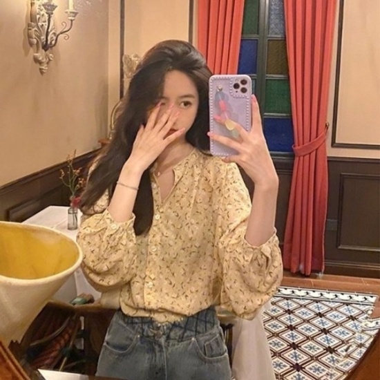 플라워 패턴 봄 블라우스 오피스 룩 티 셔츠 옐로우19650827667501