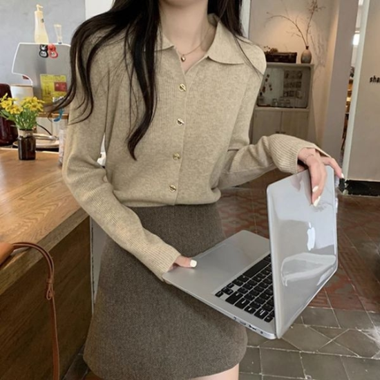 골지 브이넥 카라 가디건 금장 긴팔 여자 3컬러