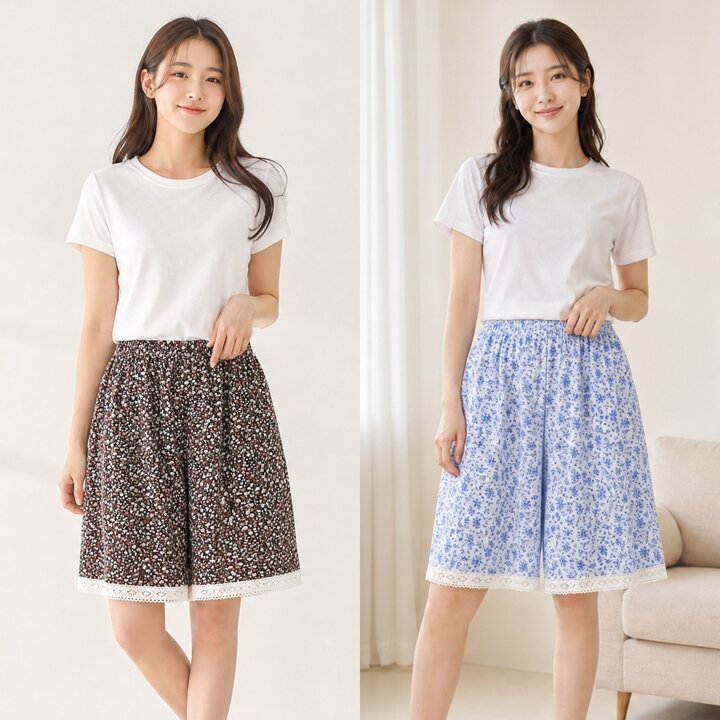1+1 2종SET 여성 여름 인조인견 반바지 플라워 5부 파자마 빅사이즈 밑단 레이스 홈웨어