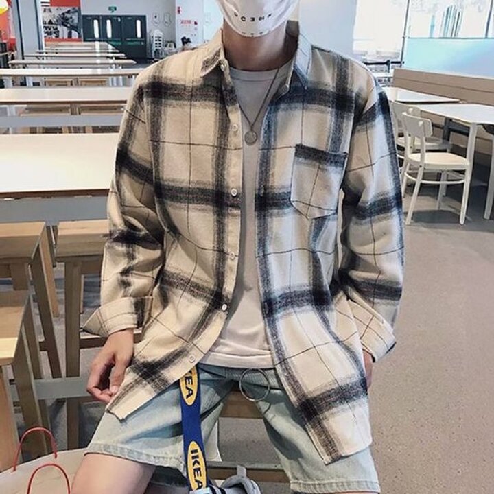 남성 오버핏 체크 셔츠 긴팔 데일리 캐주얼