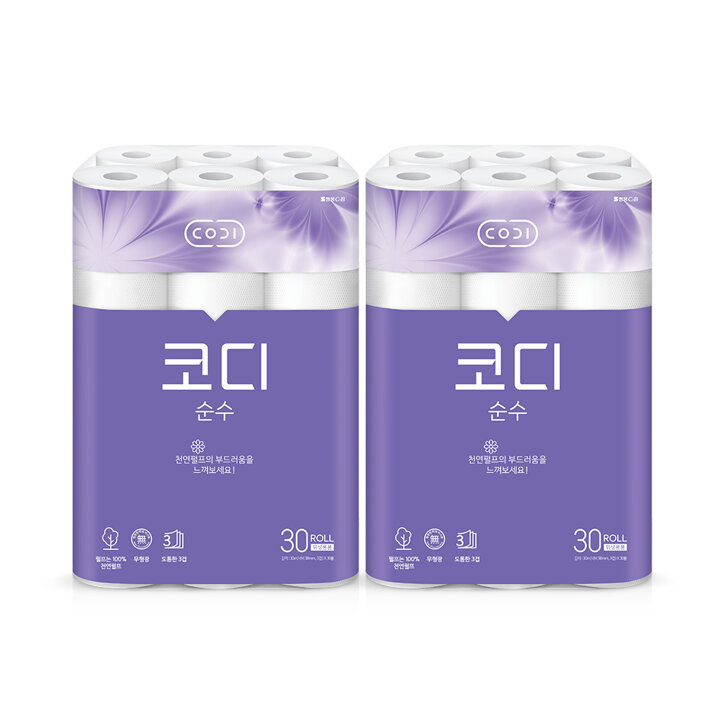 코디 순수 화장지 30m*30롤 2팩 (천연펄프, 무형광, 3겹)