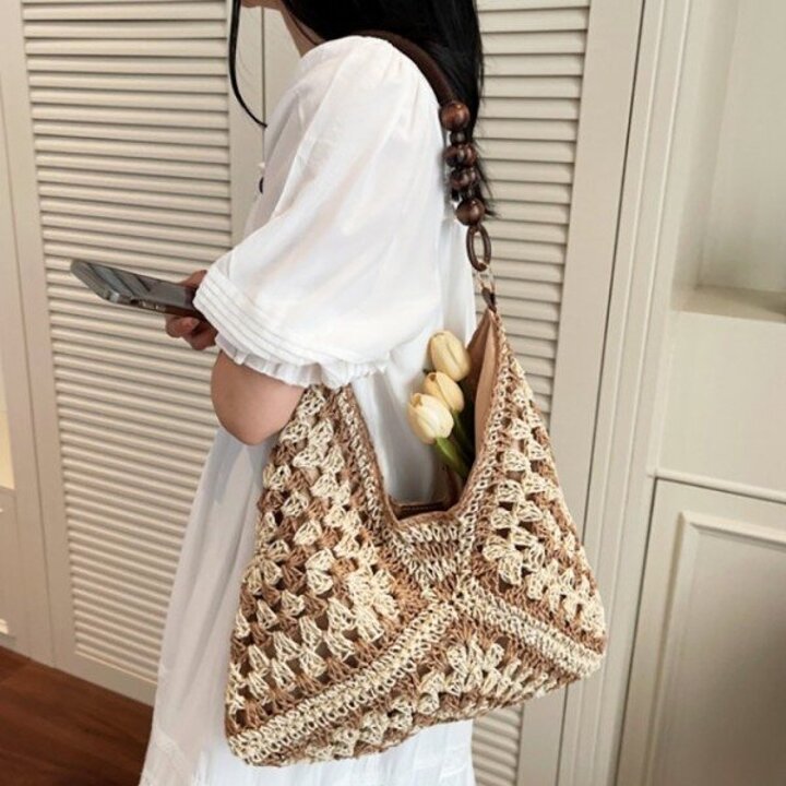 MNO 우드볼 빈티지 밀짚 숄더백 동남아 휴양지 여름 가방 비치 여성