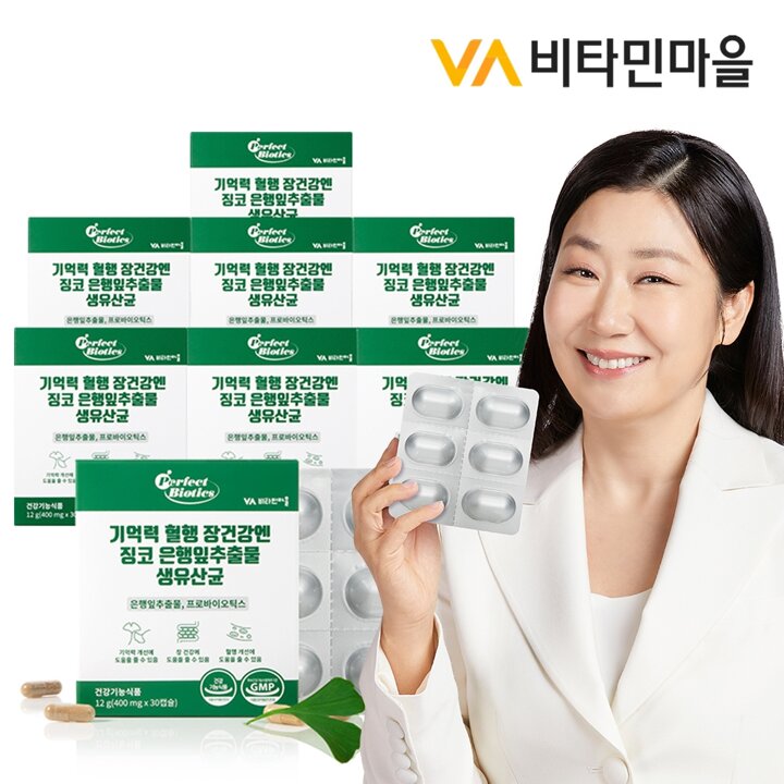 비타민마을 기억력 혈행 장건강엔 징코 은행잎추출물 생유산균 (생균보호 ALUALU포장) 8박스