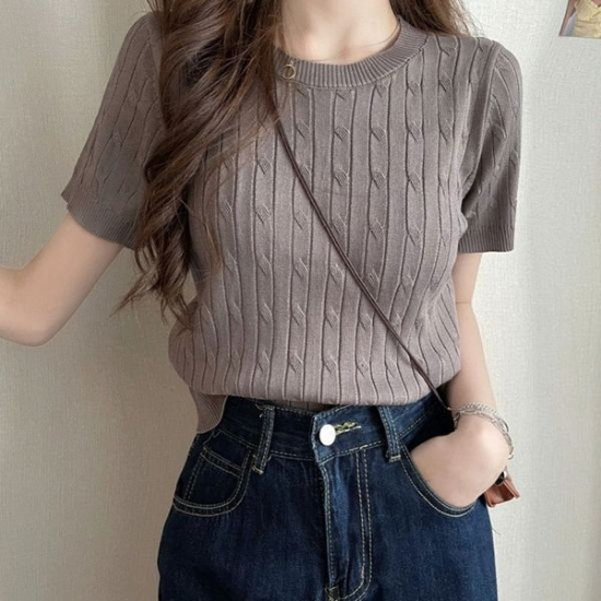 여자 데일리 꽈배기 케이블 반팔 니트 E81