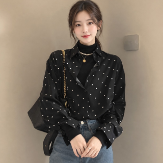[귈림] 도트 패턴 루즈핏 카라넥 오버핏 블라우스(G5FBL003P)