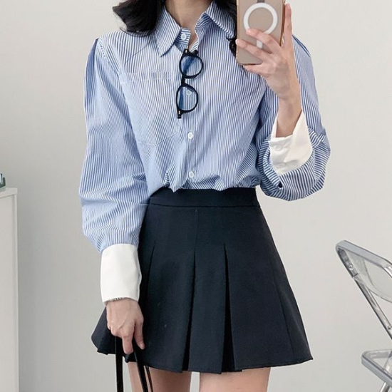 여성 미엘 미센트 스트라이프 크롭 셔츠