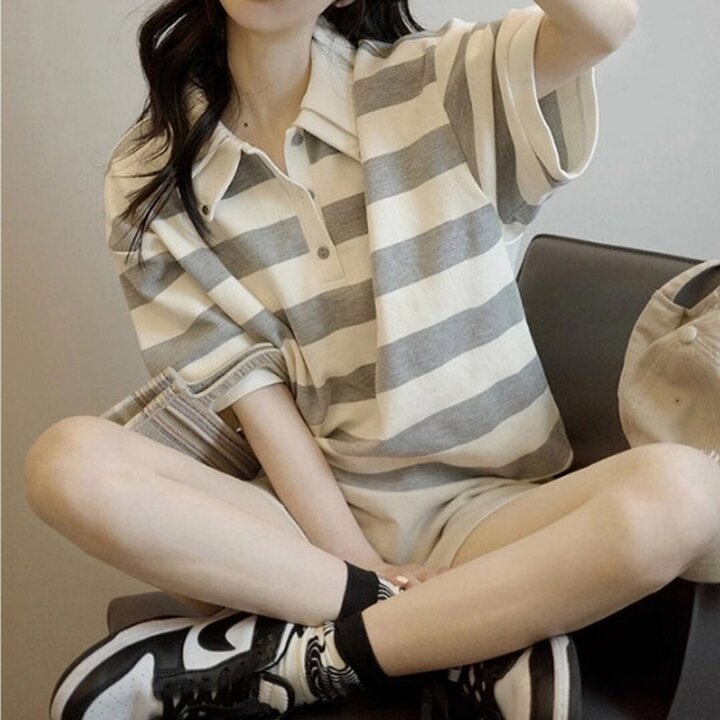 여자 스트라이프 더블카라 루즈핏 티셔츠 SDW-TSH-SMFNC040103