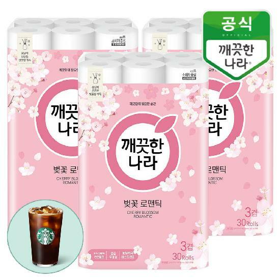 깨끗한나라 벚꽃 로맨틱 3겹 천연펄프 화장지 27m 30롤x3팩+스타벅스 아이스 카페 아메리카노