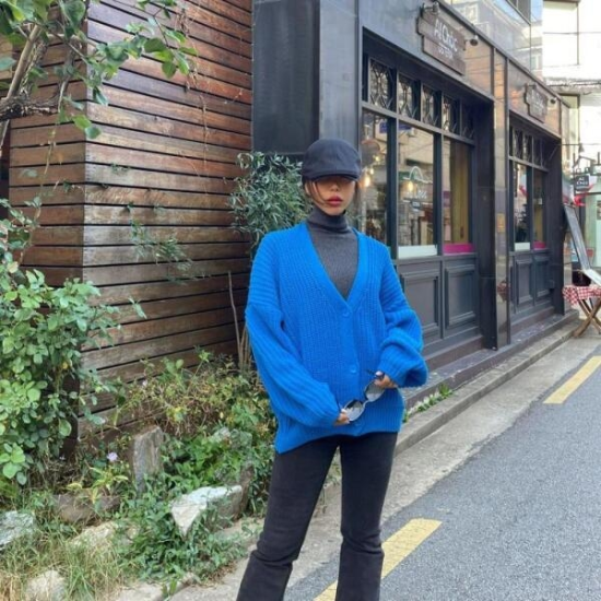 아트박스/신상오픈런 클리비지룩 브이넥 왕골지가디건 루즈핏