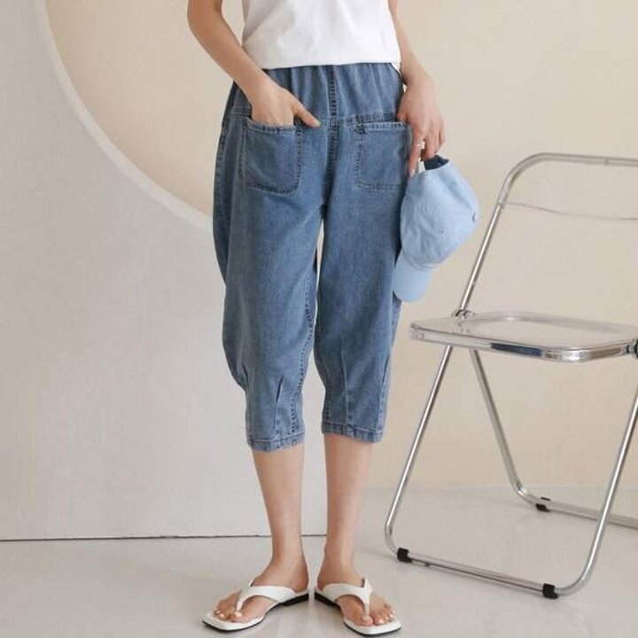 여름 청 반바지 여자 여성 통 배기핏 키작녀 7부