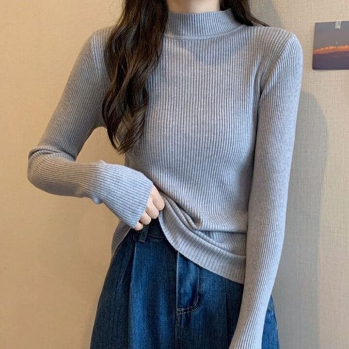 여성 슬림핏 골지 반폴라 니트티 1P 간절기 이너 목티 긴팔니트티