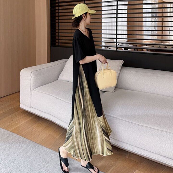[리즈무드] 하나 배색 반팔 롱 원피스