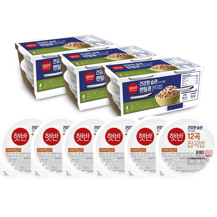 CJ제일제당 햇반 라이스플랜 렌틸콩현미밥 190g x12개+12곡잡곡밥 210g x6개