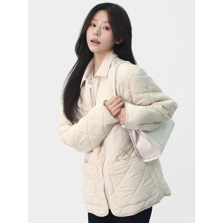 [하프클럽/엘케이트] 여자 간절기 데일리 누빔 점퍼 카라 아우터 퀼팅 자켓  M 2X..
