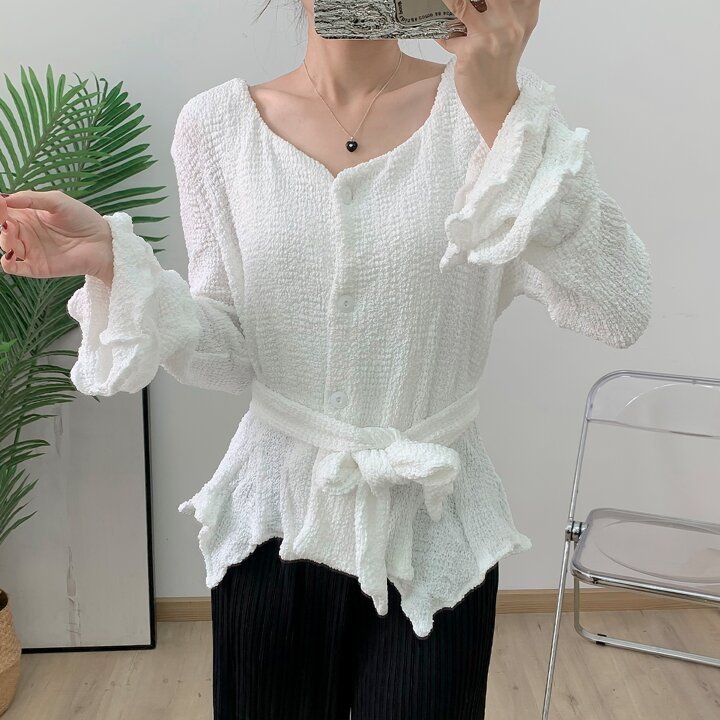 플라라 (88까지)플리츠링클티어드드롭블라우스+벨트SET