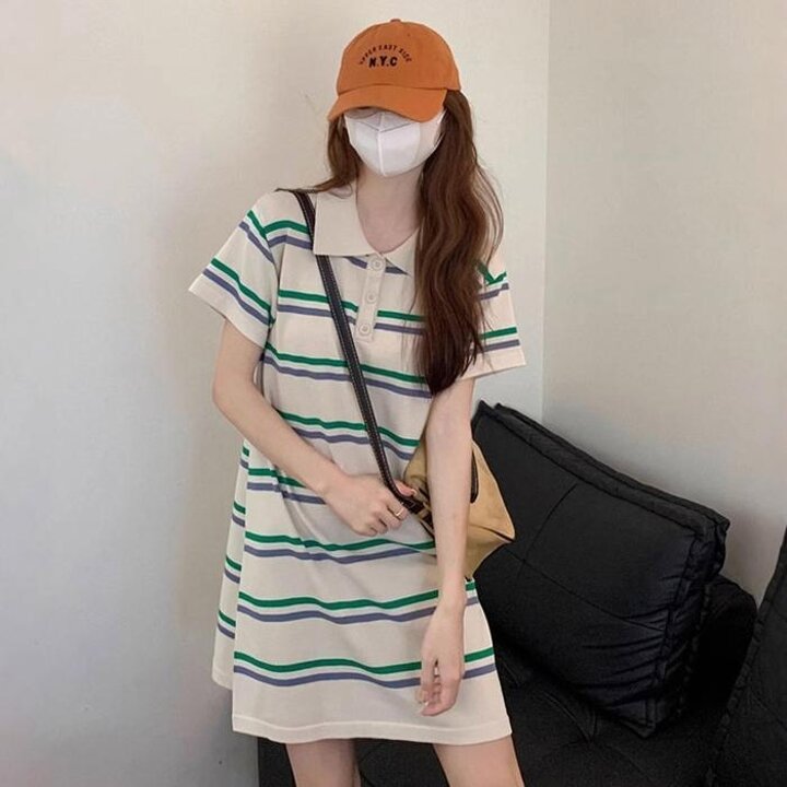 캐주얼여름배색스트라이프카라여행데이트데일리미니원피스