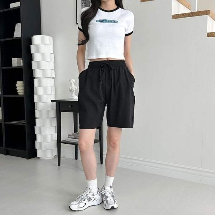 여성 여름 쿨 5부 밴딩 반바지 통바지 와이드 팬츠