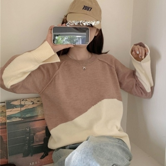 여성 루즈핏 캐주얼 나그랑 배색 소매 트임 니트19679406667501