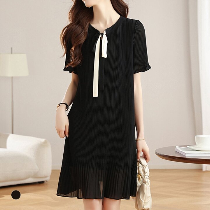 KARRA 쉬폰플리츠배색타이원피스_A5M0395