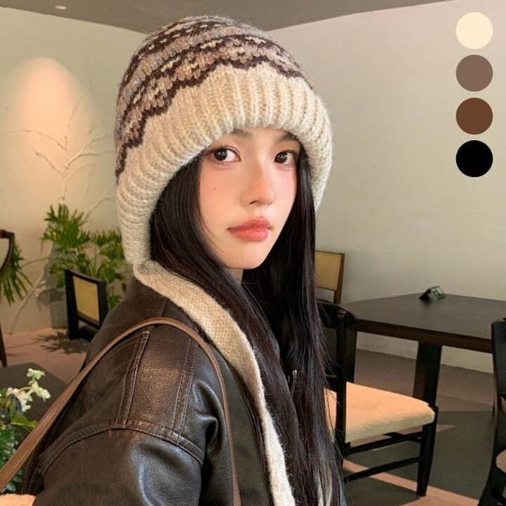 [하프클럽/비틀버드]여성 모자 패턴 니트 끈 모자 URK 437