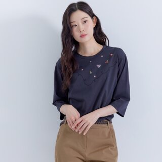 [지센] (2컬러) 스몰 자수 라운드 7부 티셔츠 LCTSP827