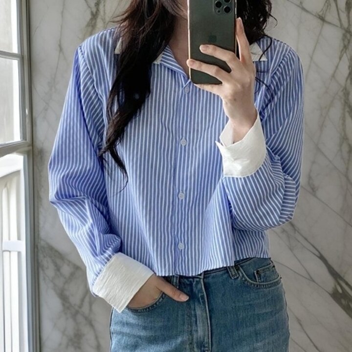 [다잇템] 여성 롱슬리브 면혼방 세미크롭 남방20857331588872