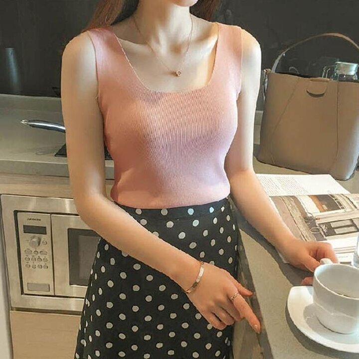 스퀘어넥민트렌소매나시여름니트탑슬리브리스네모