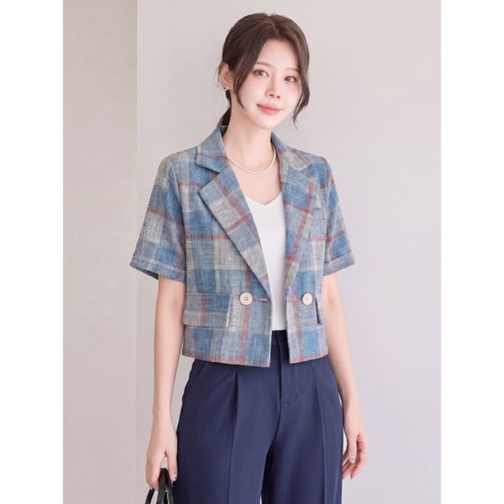 [하프클럽/모리스커밍홈]체크 더블버튼 반팔 린넨 자켓 M2605JK049B