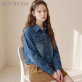 [블루레이스] 셔츠카라 크롭 데님 블라우스_B6F1BL5261