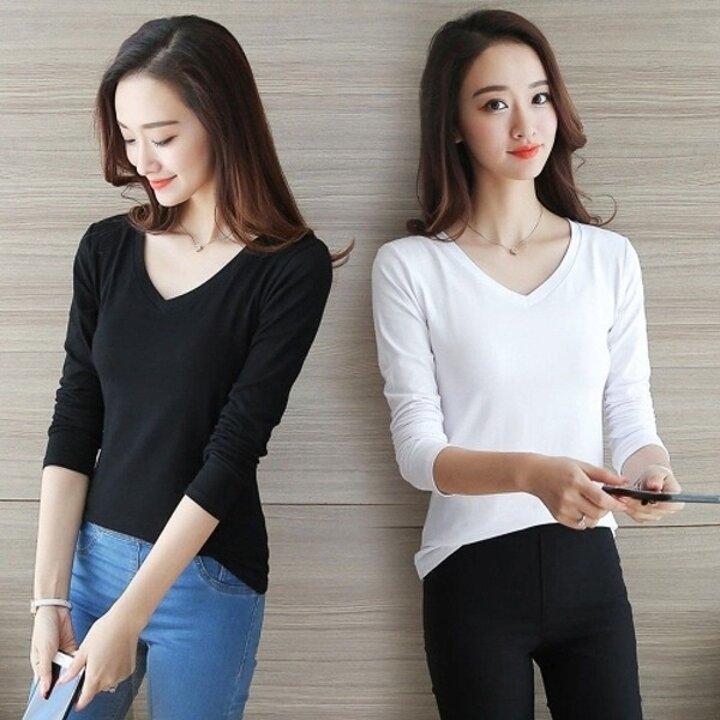 여성 베이직 심플 무지 브이넥 긴팔 티셔츠19615341667501