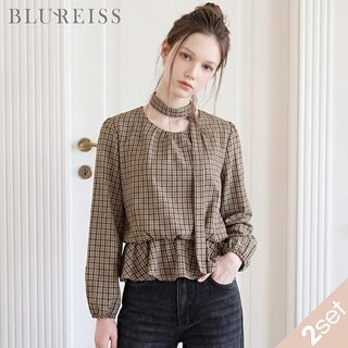 [블루레이스] 벨트핏 체크 셔링 롱 블라우스_B6F1BL5241