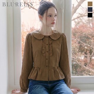 [블루레이스] 플랫카라 프릴 체크 블라우스_B6F1BL5271