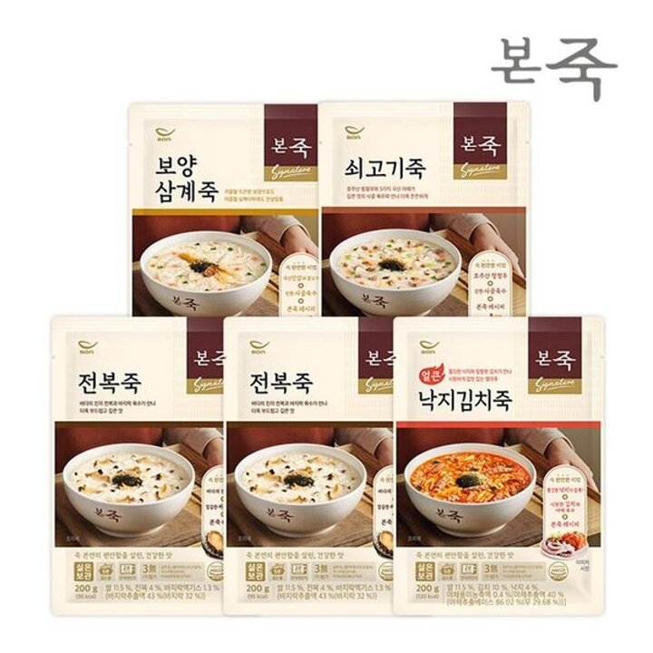 [본죽] 시그니처 파우치죽 200g 4종 5팩 SET(전복2+쇠고기+보양삼계+낙지김치)..[31180382]
