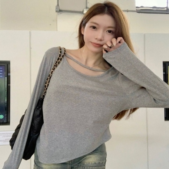 셔링 티셔츠 무지 언발 긴팔 여성 컷팅 디테일19643955667501